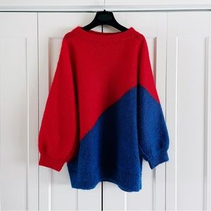 Vintage Blue + Red Hand Knit Mohair Sweater